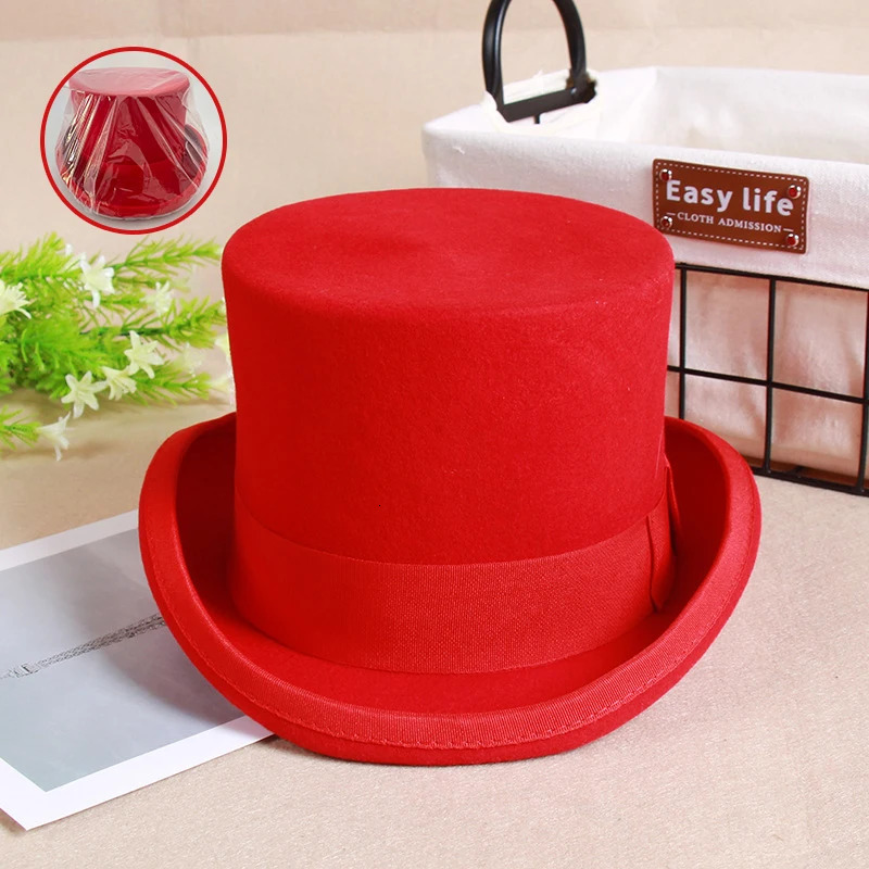 2024 wool flat top mens hat fashion Fedora Versatile magic hat gentleman cylindrical shoulder strap steampunk hat elegant black luxury 241018