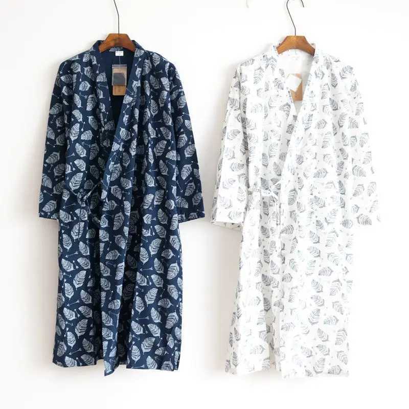 Summer Mens Robe 100% Cotton Gauze Leaf Loose Comfortable Leaves Kimono Robes home clothing nightly BathrobesXJ241018