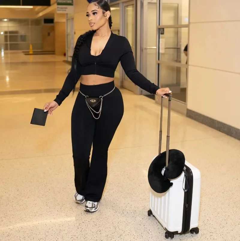 Women's Two Piece Pants 2024 Autumn Solid Womens Tight 3-Piece Tank Top Crop Top+Zipper Long Sleeve Jacket+High Waist Shining Pants Set Y2410195K