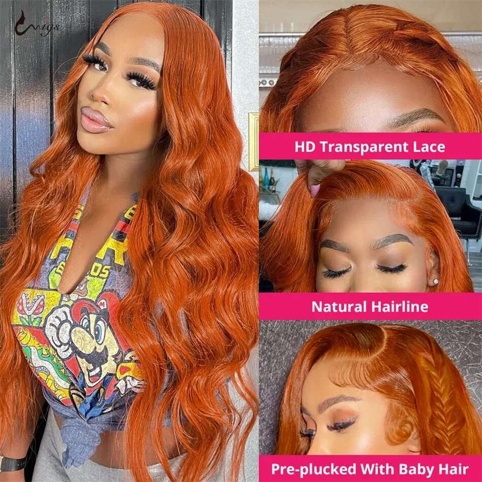 x Ginger orange Body Wave Transparent Lace Front Wig Orange Color X Frontal Human Hair brazilian wigs For Women al