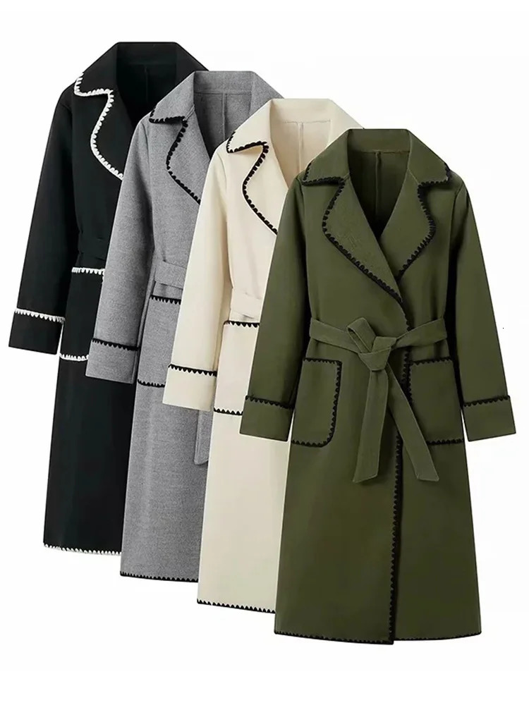 Vintage Striped Long Coat Women Elegant Belts Turndown Collar Pocket Coats 2024 Autumn Winter Chic Sleeve Female Outwear 241010