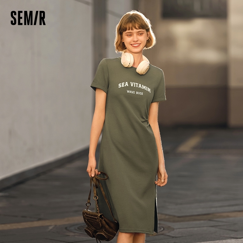 Semir Women Vintage Casual Midi 2024 Summer New Letter Print Split T-Shirt Dress