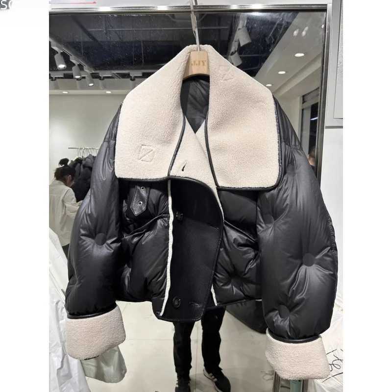 Women's Down Parkas Womens Winter Loose Collar Pu Leather Splicing Thick Warm Down Jacket Y241019QG69