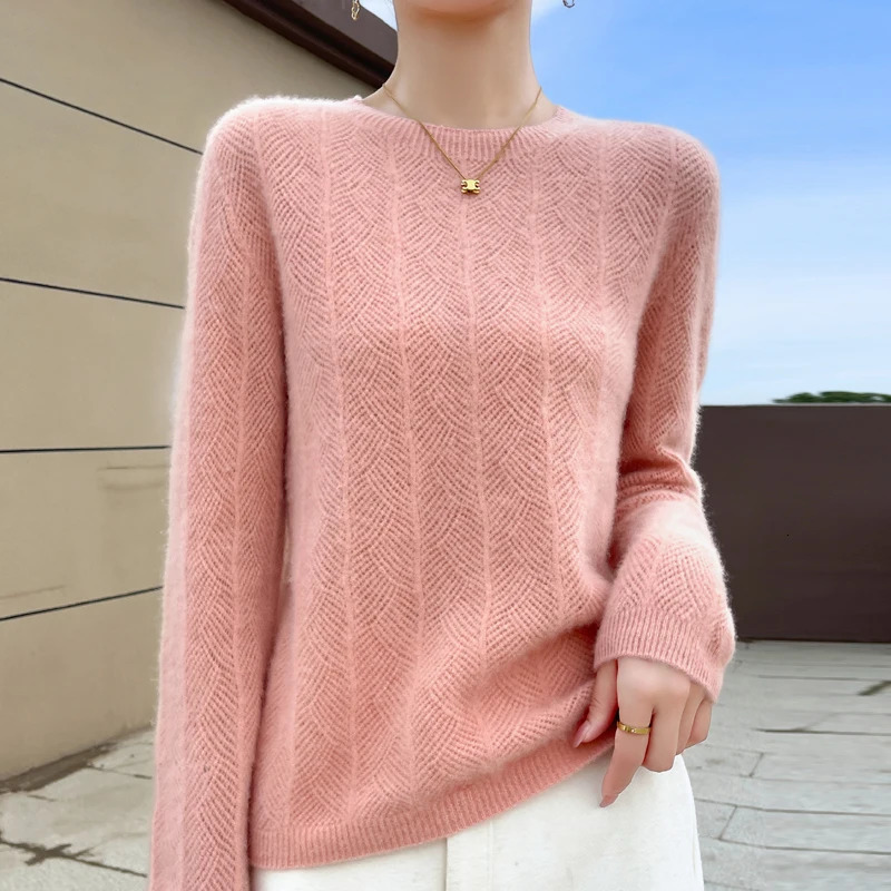 DjzDsm Women O-neck Pullover Sweater Hollow Out Long Sleeve Jumper 100% Merino Wool Knitwear Basic Casual Clothes Autumn Winter 241010