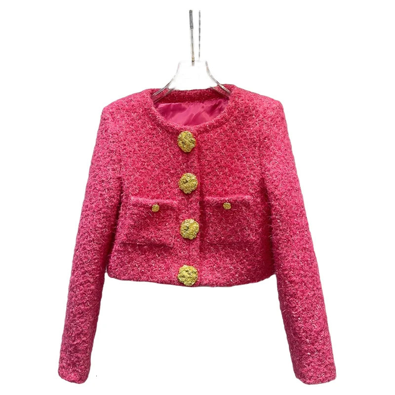 PREPOMP Autumn Arrival Big Gold Buttons Tweed Jacket Rose Pink Short Coat Women GS501 241019