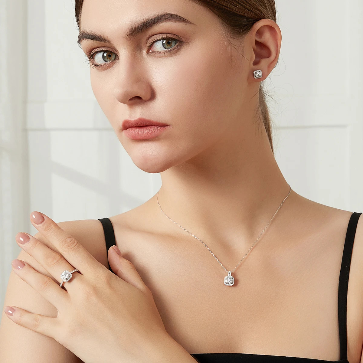 necklace with certificate 1CT cubic zirconia CZ Pave chain square pendant wedding jewelry gift 241018
