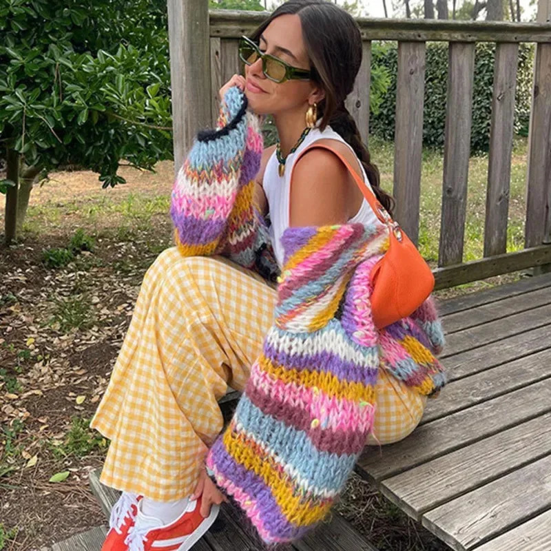 Rainbow Grid Sweater Embroidery Striped Cardigan Women Irregular Geometric Long Sleeved Cardigan Knitted Sweater Ins Loose Top 241009