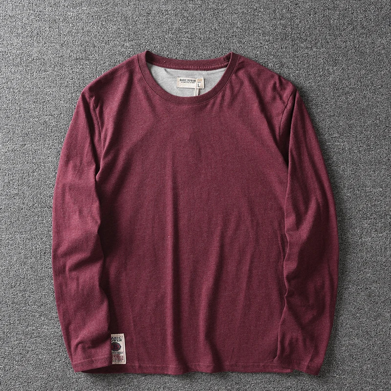 Mens long sleeved comfortable bottom shirt made of pure cotton washed with sand solid color T-shirt casual and fashionable multi-color 241018