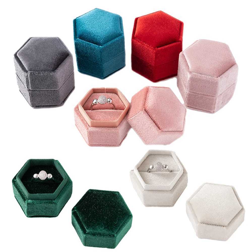 Velvet hexagonal single slot ring box used for engagement and wedding preservation boxes bride photos jewelry display storage display sales W241019