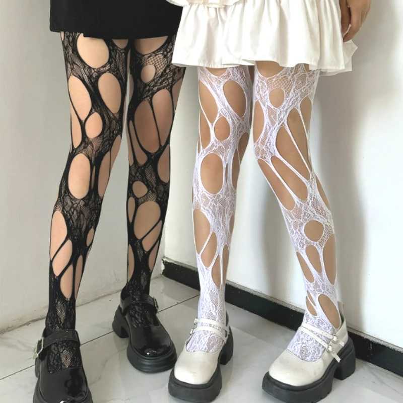 Socks Hosiery Women Sexy Stockings White Lace Broken Hole Fishnet Socks Black Tights Woman Large Mesh Hollow Pantyhoses Fishnets Gothic Y2408330Z320