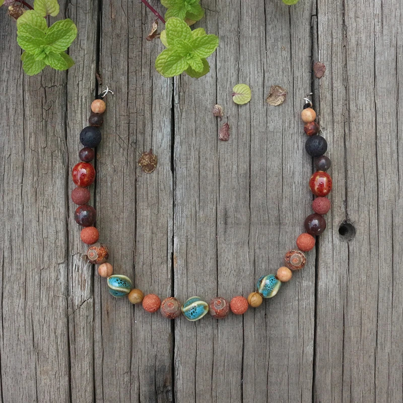 Viking ethnic jewelry moon natural stones antique agate red lava unique ceramic beads beautiful ethnic looped necklaces handmade 241018