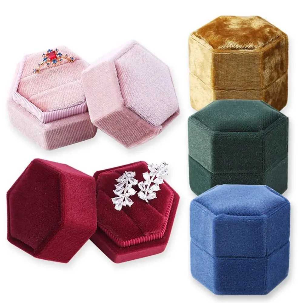 Hexagonal Velvet Jewelry Box Double Ring Storage Box Womens Gift Earring Packaging Box Wedding Ring Display Packaging Box W241019
