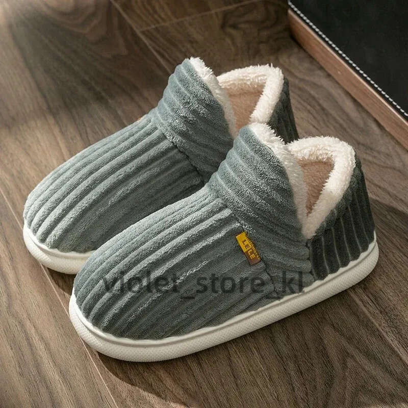 Winter Couple Style Concise Stripes Wrap Heels Plush Slippers Ladies' Non-Slip Soft Warm Flip Flops Men Home Casual Cotton Shoes 498