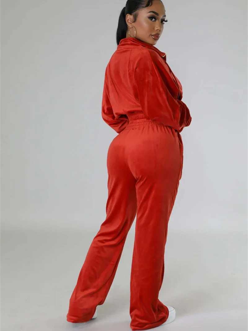 Women's Two Piece Pants Velvet Tracksuit womens two-piece autumn Y2K clothing solid zipper top and pants set Velour two-piece set womens clothing