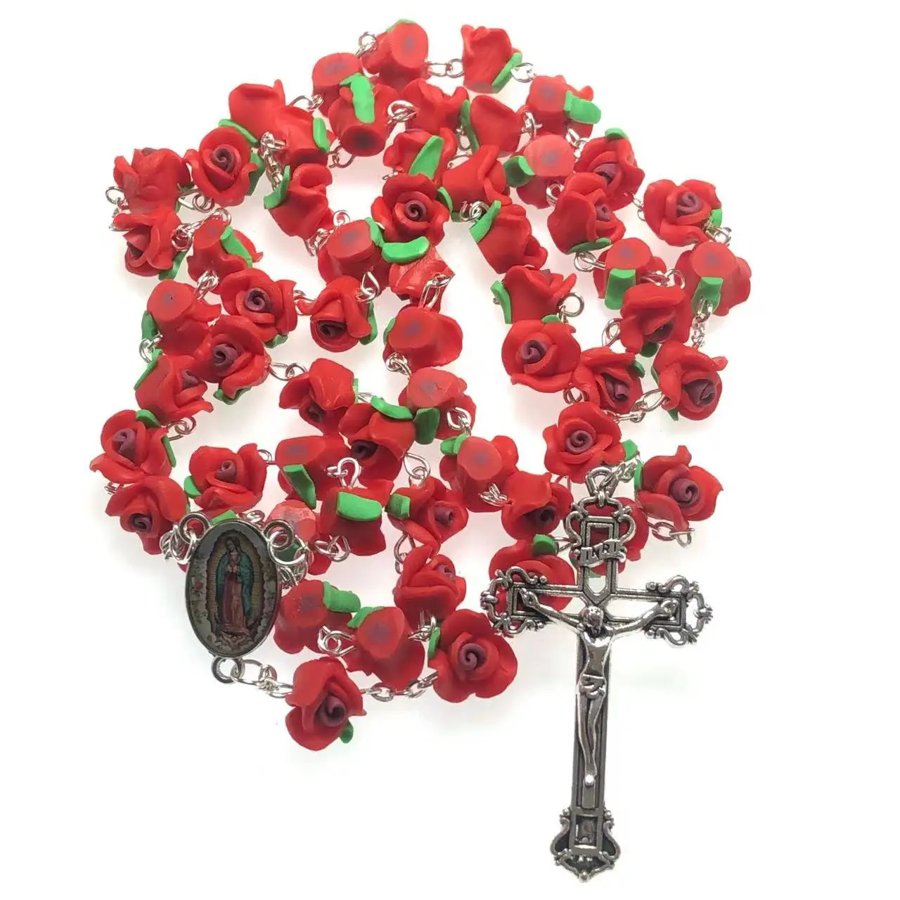 Handmade cathode rose necklace soft ceramic rose beads rose polymer clay necklace with Jesus Cross Virgin Guadalupe Center 241018