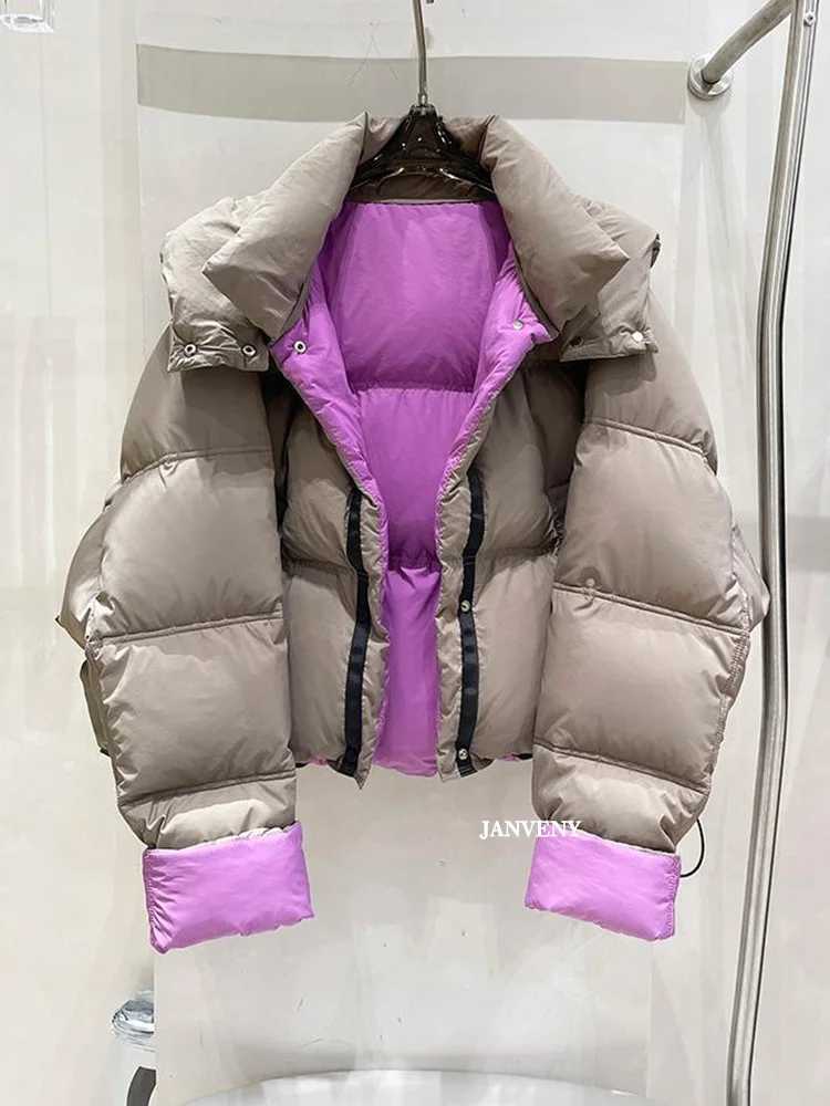 Women's Down Parkas Janveny 2024 new winter contrasting color hooded crop inflatable jacket womens double-sided thick white duck down warm bread 