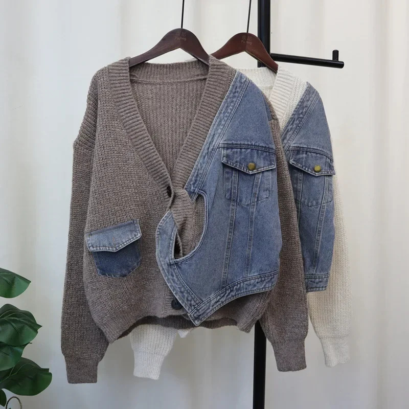 2024 Women Denim Sweater Cardigan Cross Kintted Button Loose Spring Autumn Vintage Winter Streetwear Y2k Jumper Coat Cardigans 241010