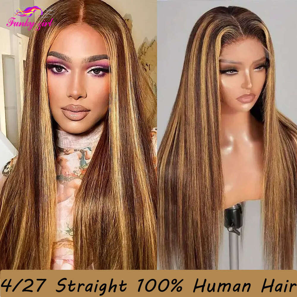 Straight Lace Front Human Hair Ombre Brown Highlight Honey Blonde Color 4/27 Wig 13x6 Transparent Closure 180 Density Wigs