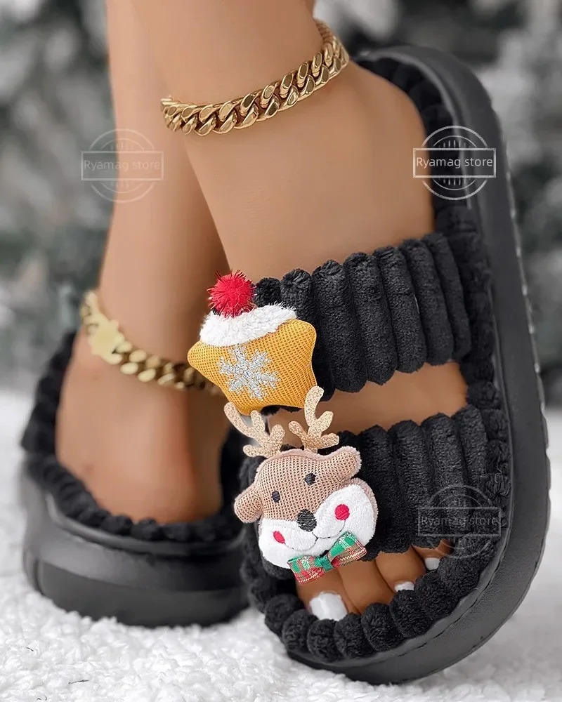 Sliding womens Christmas cartoon reindeer Santa Claus pattern blurred winter cotton flat shoes holiday platform warm flip cover 241018