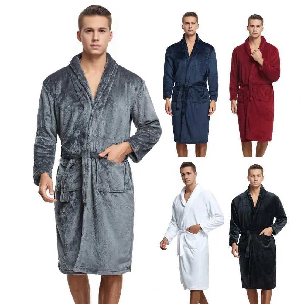 Knee-length Nightwear Cozy Flannel Nightgown with Pockets Lace-up Front for Men Knee-length Bathrobe Lounge for RelaxingXJ241018