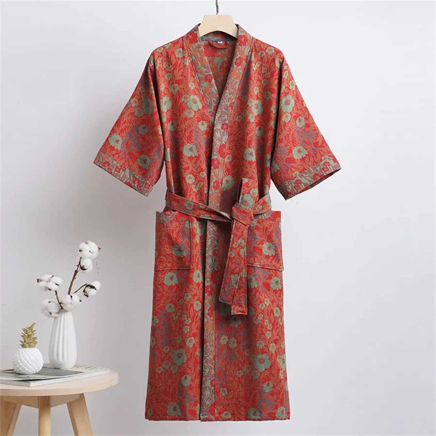 2024 Summer Couple Dressing Gown Vintage Loungewear Double Layer Gauze Bathrobe Men Shower Robe Women V-neck Kimono SleepwearXJ241018