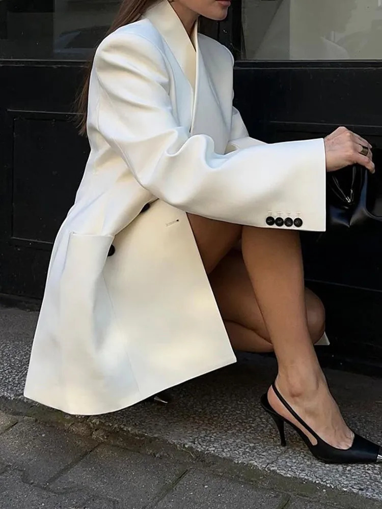 Women Fashion Solid Stand Collar Loose Long Coat With Shoulder Pads Elegant Full Sleeves Cardigan Coats Chic Lady Street Wear 241010