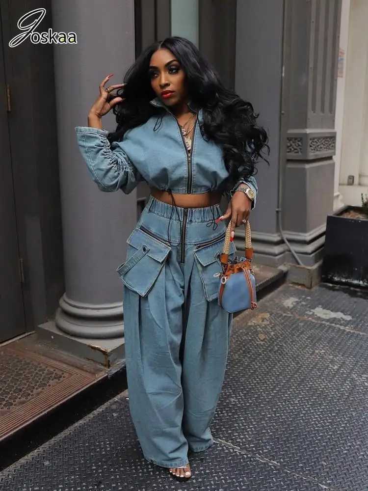 Women's Two Piece Pants Joskaa casual denim two-piece womens solid long Sleve zipper drawstring jacket and pocket jeans competition 2024 Y2K T-sh