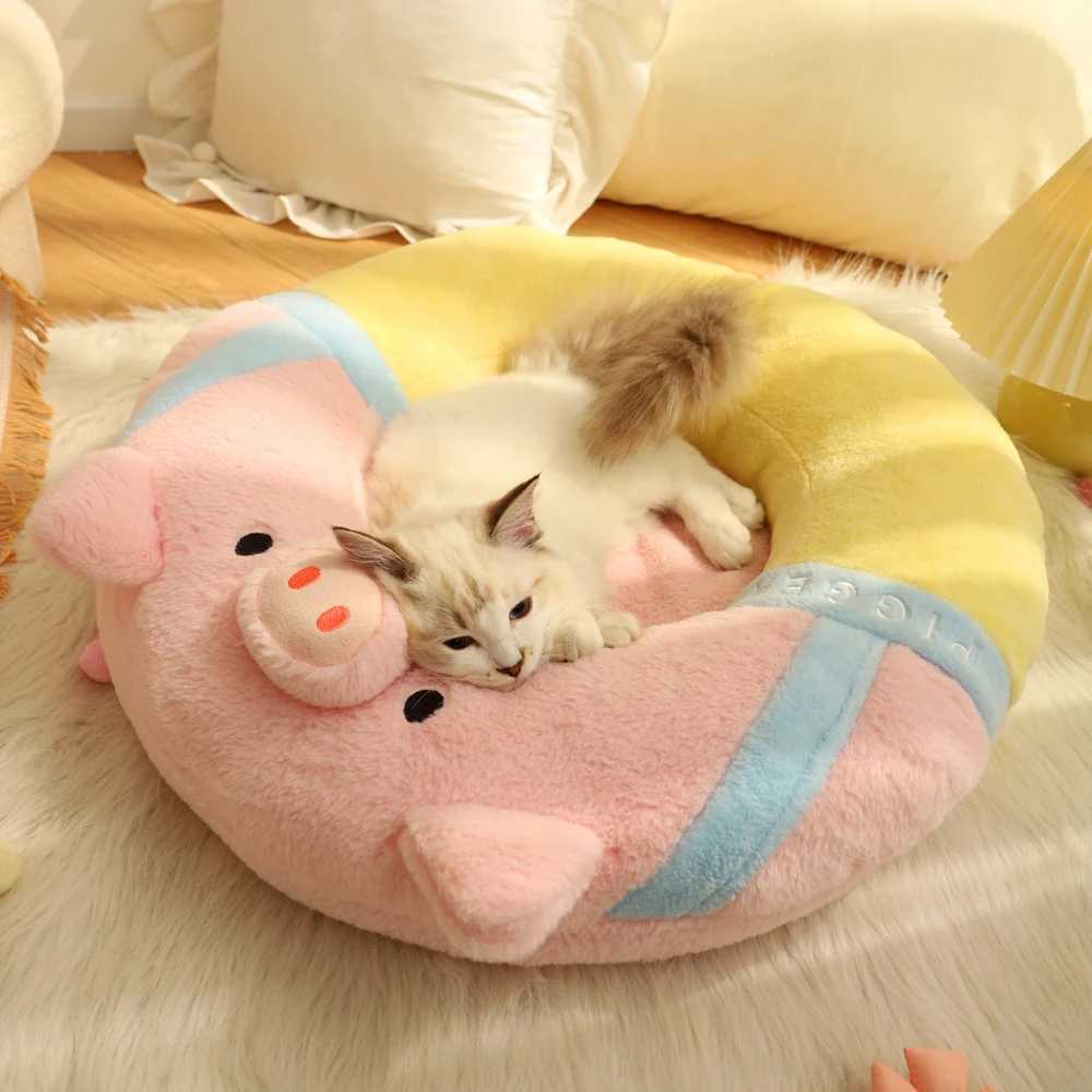 Beds Furniture Four Seasons Pink Pig shaped House Round Bed Donut Cat Dog Basket Animal Sleep Sofa Pet Supplies H241019