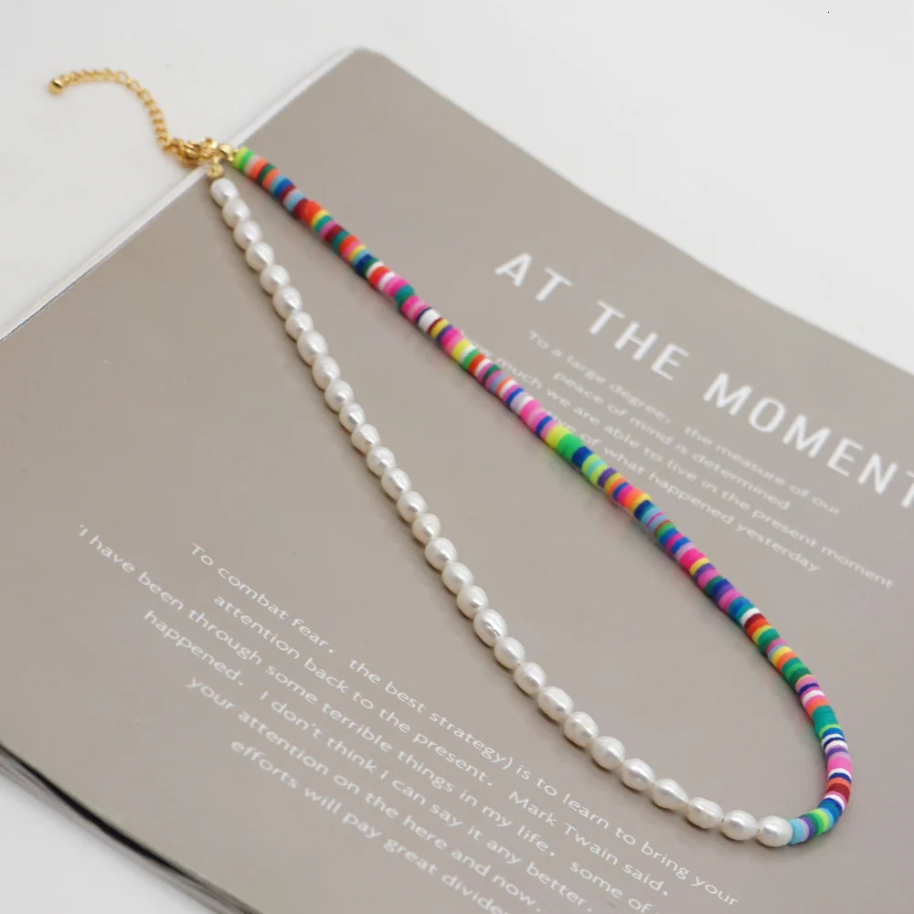 Go2Boho Freshwater Pearl Necklace Womens Jewelry Polymer Clay Flat Stone 4mm Beads Fashion Handmade Choking Stainless Steel Chain 241018