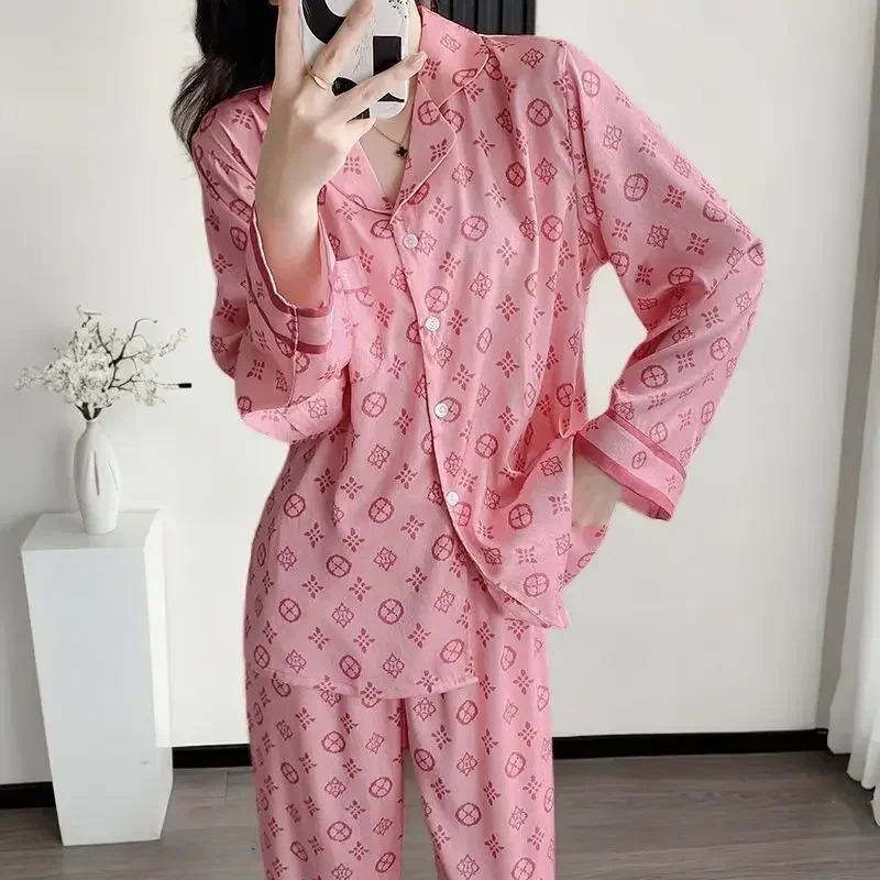 Pajamas womens clothing set spring thin ice silk cardigan home soft comfortable simple relaxing tight fitting warm and sweet 241009