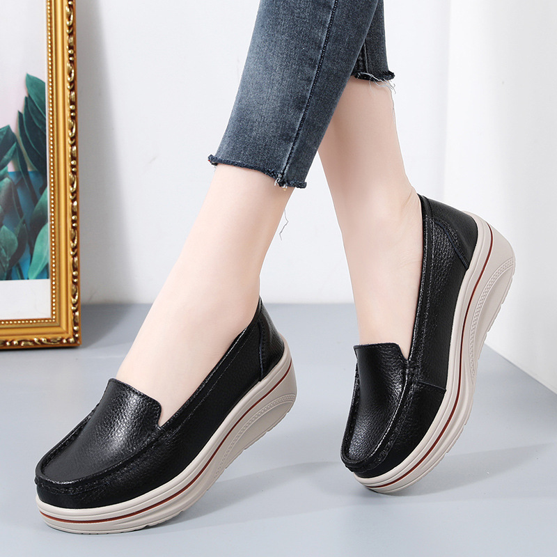 Large size 4-color sponge cake women's shoes 35-42, thick soled rocking shoes with 5cm sloping heel, fashionable cowhide women's shoes