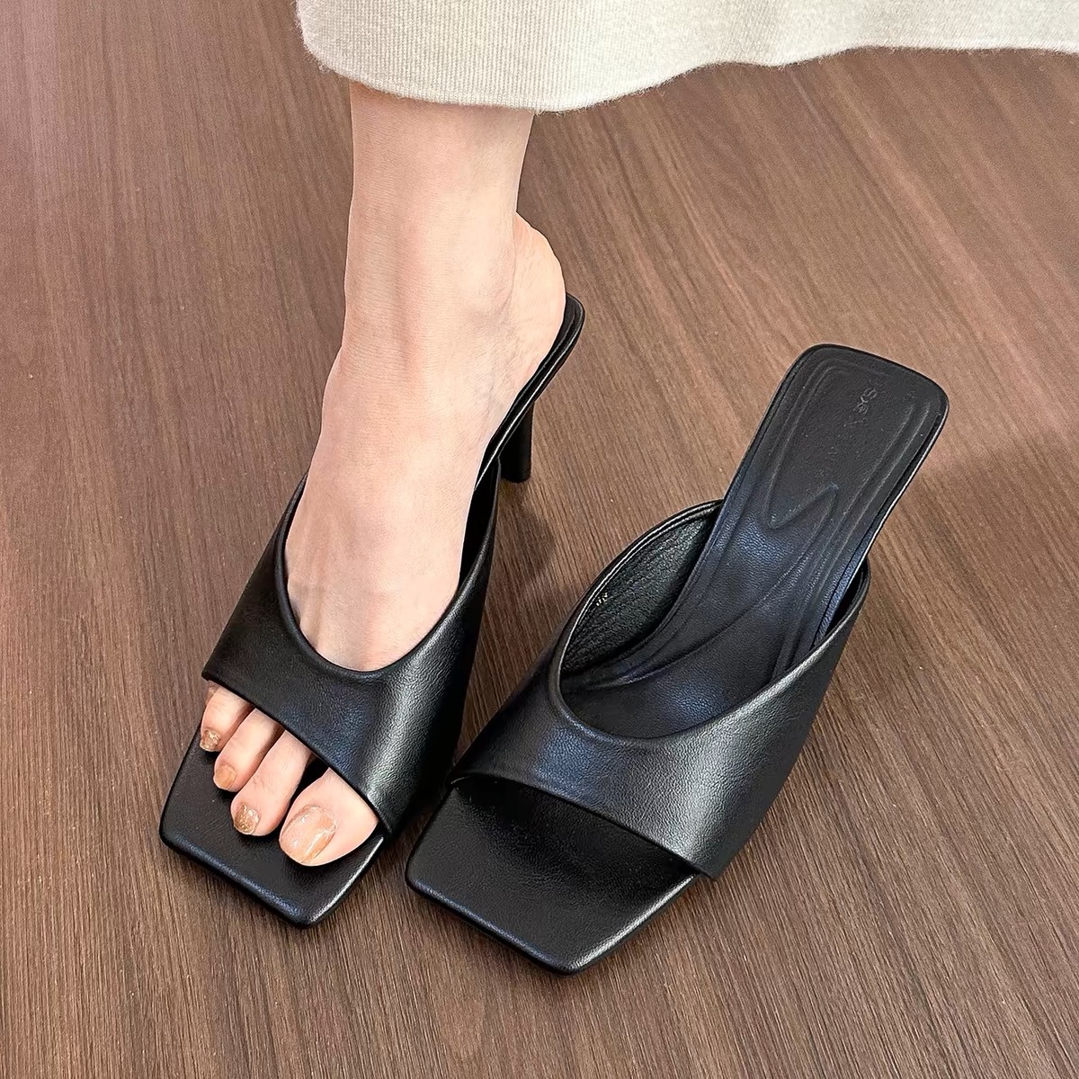 Head Wind Square Open Toe One Line Tuo Girl Summer Grade Fine External Wearing Gold High Heel Slippers Ddmywed Ddmysaturn