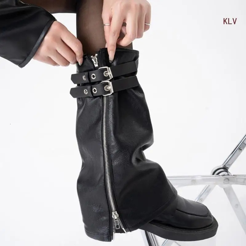 Y2K Punk Black PU Leather Leg Heater Harajuku Motorcycle Leg Cover with Eye Strap and Zipper Womens Flash Socks 241018