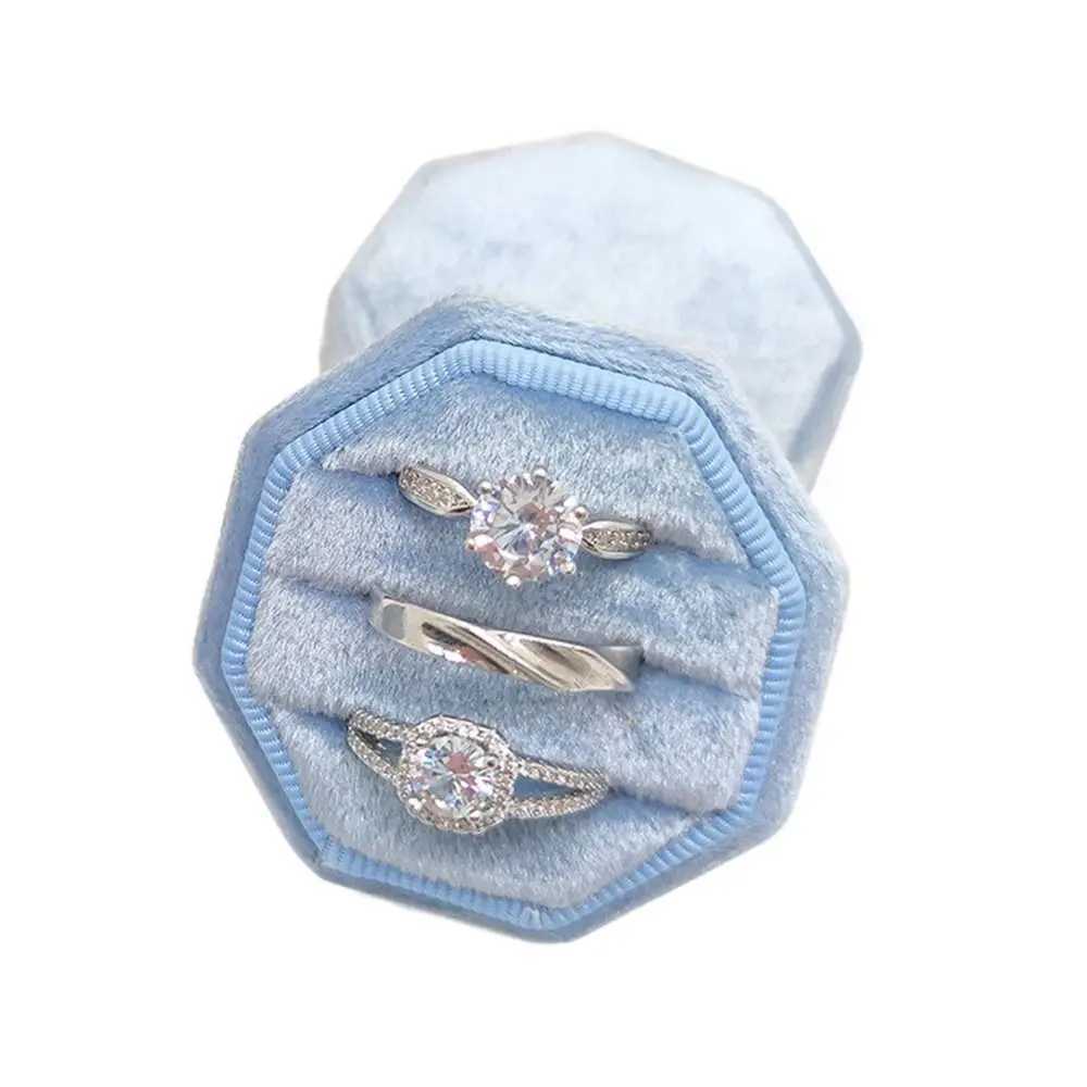 Octagonal Velvet Ring Display Box Three Slot Ring Storage Rack Ring Box with Removable Cover Used for Proposed Engagement Weddings W241019