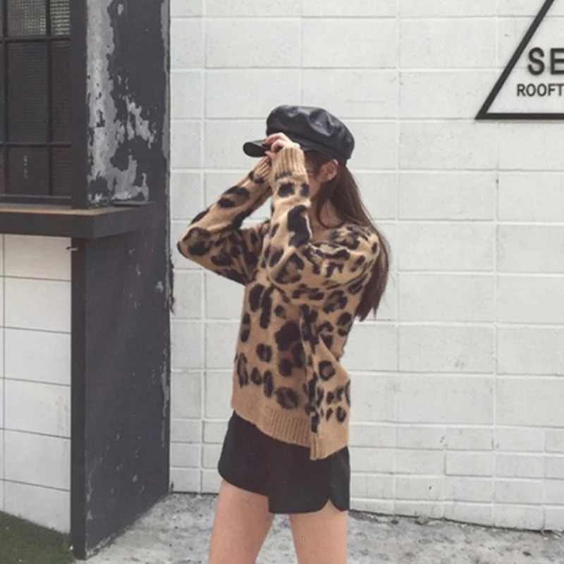 Leopard Print Cashmere Sweater Womens Pullover Mohair Sweater Korean Long Sleeve Knitted Pullover O-Neck Warm Jumping Top 241019