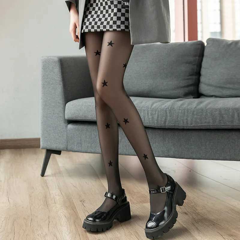 Socks Hosiery Punk Style Star Print Tights Y2k Girls Thigh High Stockings Pantyhose Women Lingerie Sexy Slim Body Stockings Black Women Tights Y240833