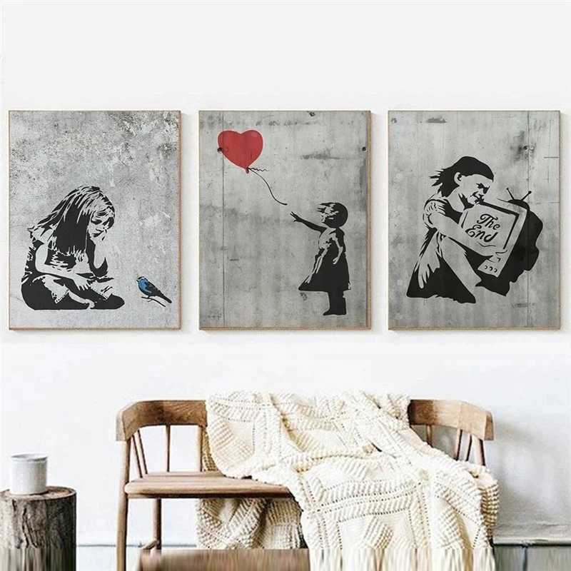 Banksy Graffiti Artwork Canvas Painting Prints Wall Art Pictures Girl with Red Balloon Black White Posters Nordic Home DecorXJ241016