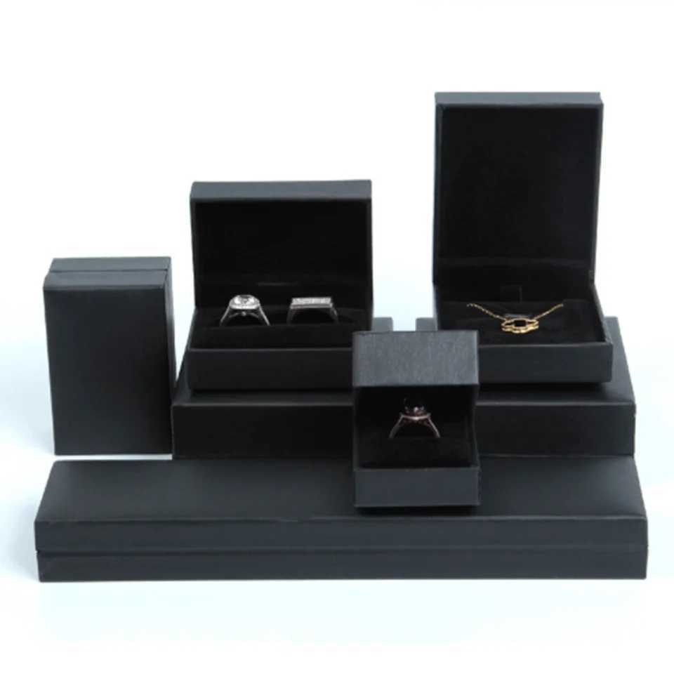 High end leather paper black right angle filling paper single/double ring box jewelry earrings necklace bracelet packaging set W241019