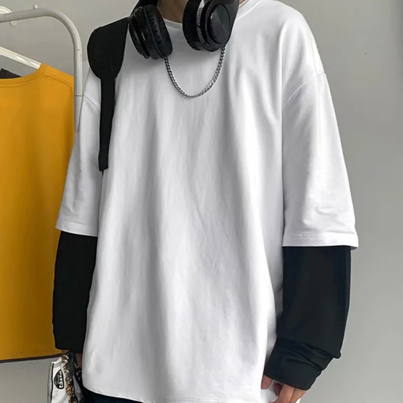 Autumn mens casual long sleeved T-shirt plus size sports shirt mens Korean fashion oversized T-shirt blue two-piece T-shirt 241018