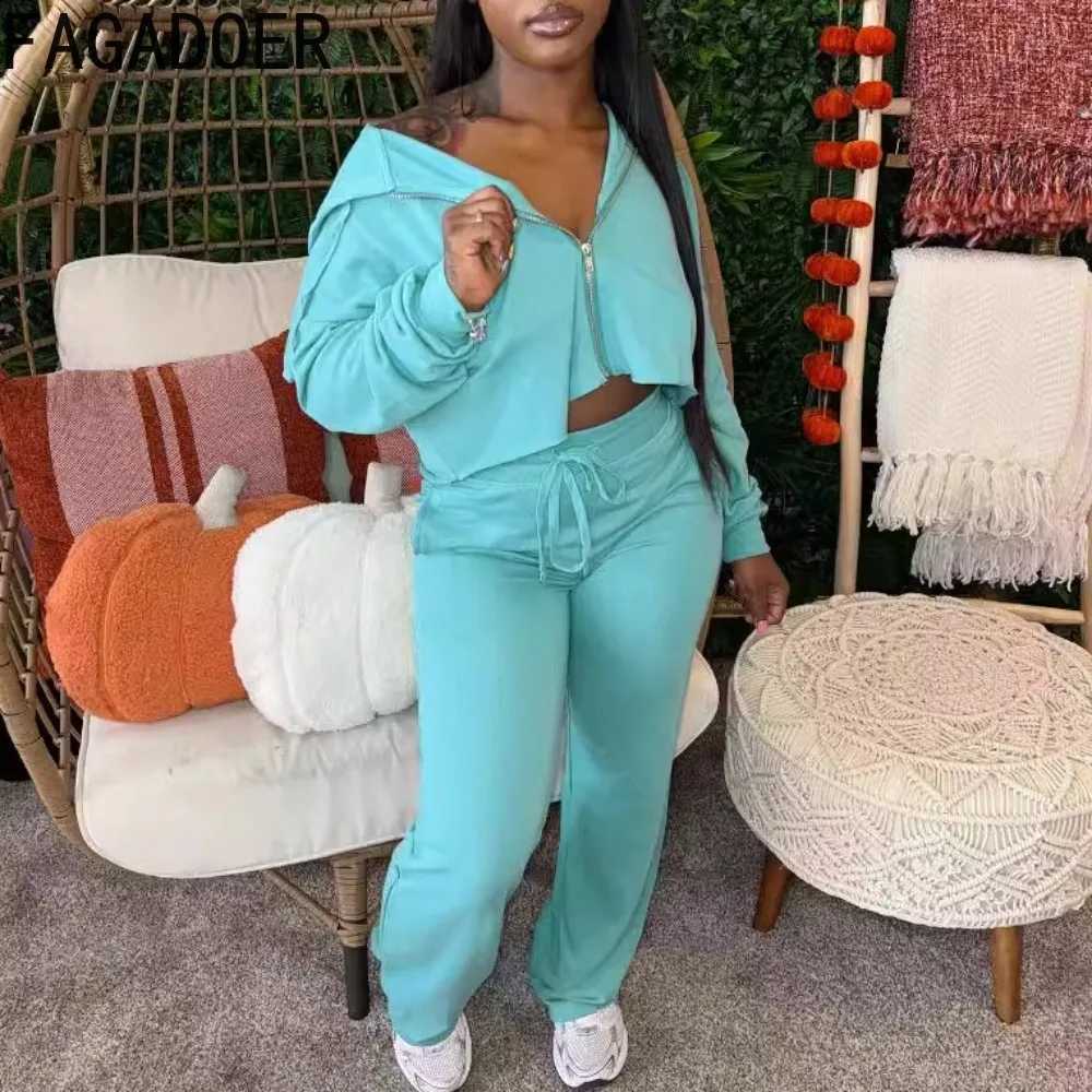 Women's Two Piece Pants FAGADOER Womens 2024 Autumn 2-piece Casual Long Sleve Zipper Hoodie Coat and Sweatpants Set Y2k Strt Sportswear Y241019CC
