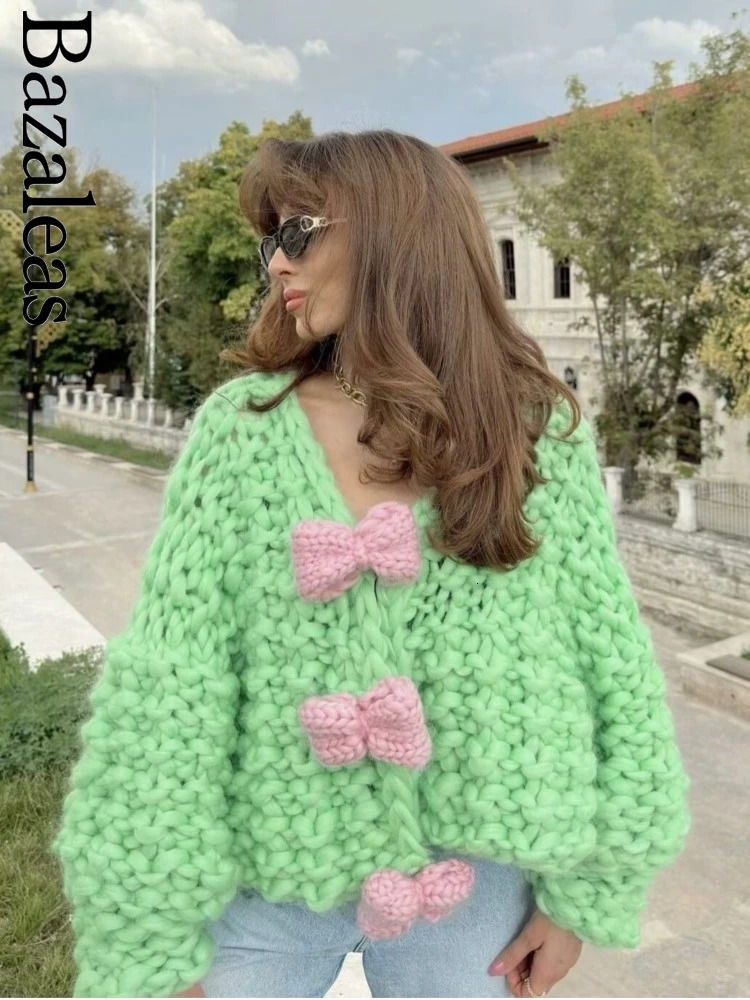 2024 Bazaleas Traf Autumn Warm Short Outerwear Official Handmade Bow Sweater Coat Vintage Oversize Lantern Sleeve Cardigan 241009