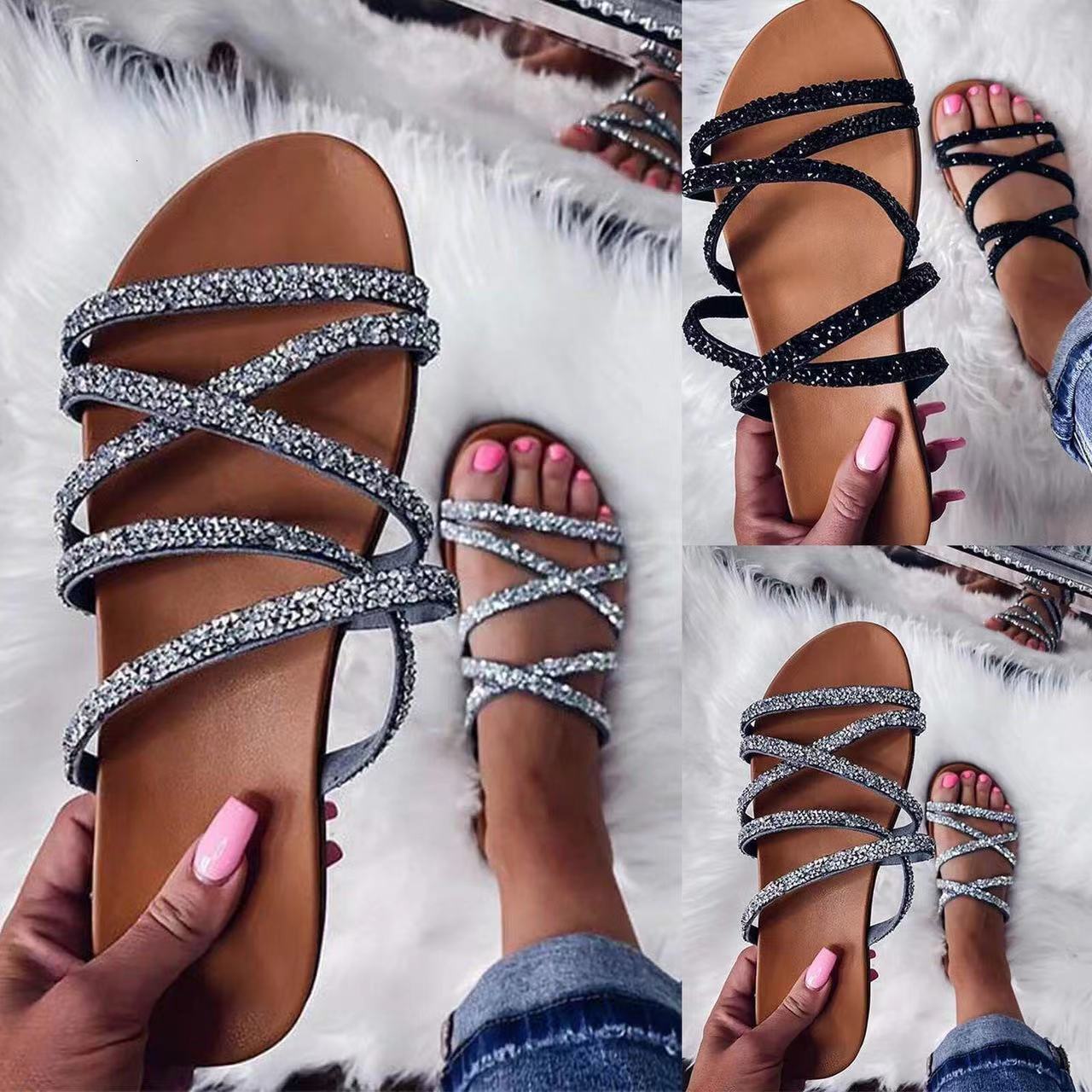 New Style Summer Beach Exposed Round Toe Flat Bottomed Diamond Sandals For Women In Large Sizes Ddmywed Ddmysaturn