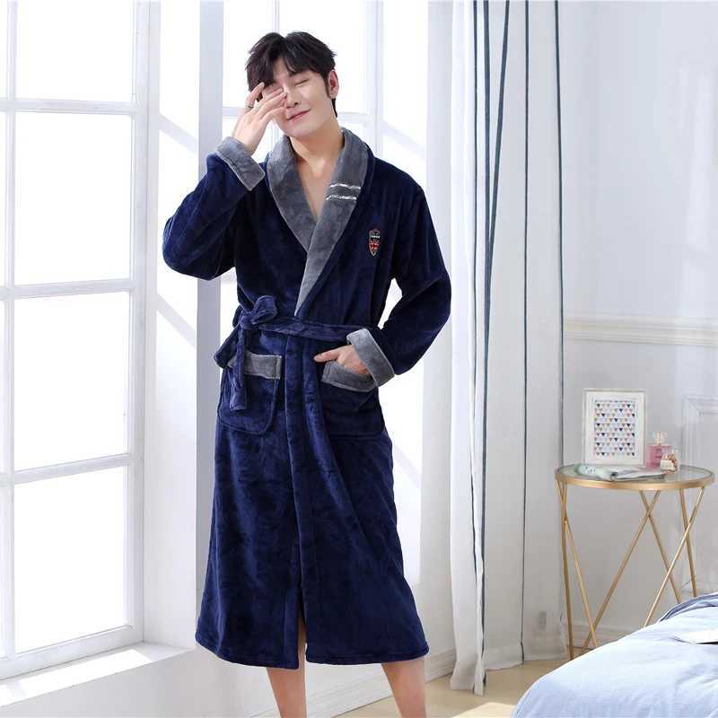 Solid Colour Intimate Lingerie Warm Full Sleeve Negligee V-neck Home Dressing Gown Male Kimono Bathrobe Gown NightwearXJ241018