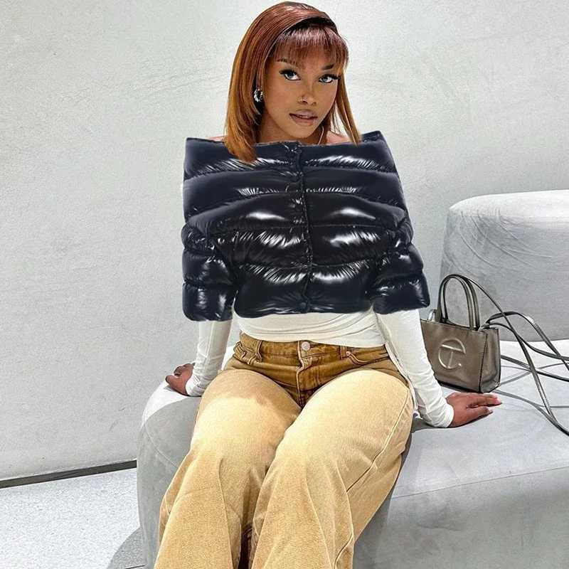 Womens Down Parkas Fashionable womens shoulder inflatable jacket high waist ultrathin heated bubble jacket single chest short inflatable park down j Y