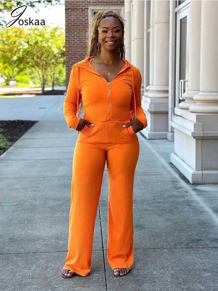 Womens Two Piece Pants Joskaya Ribbed Solid 3Piece Womens Casual Long Sleve Zipper HoodieCamisolStraight Pants Competition Autumn 2023 Track and Fie Y