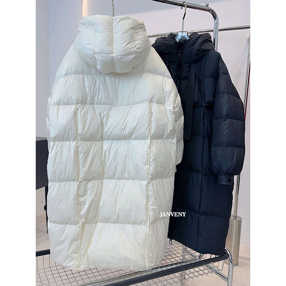 Janveny 2024 New Winter Hooded Over The Knee Puffer Coat Women Thicken Warm Long Sleeve White Duck Down Jacket Waterproof Parka