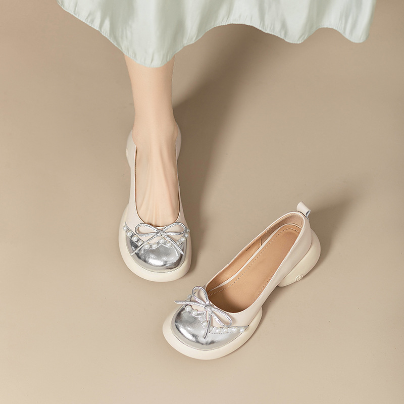 Fashionable French Bow Bean Shoes Women's Thick Heels and Thick Soles 2024 Spring and Autumn New Genuine Leather Round Toe Single Shoes