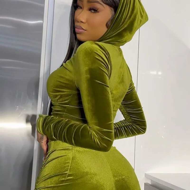 Women's Two Piece Pants Retro Velvet Womens Two Piece Sportswear Zipper Long Sleve Hoodie and Folding Pencil Pants Jogger Sportswear Y241019IZ1Y