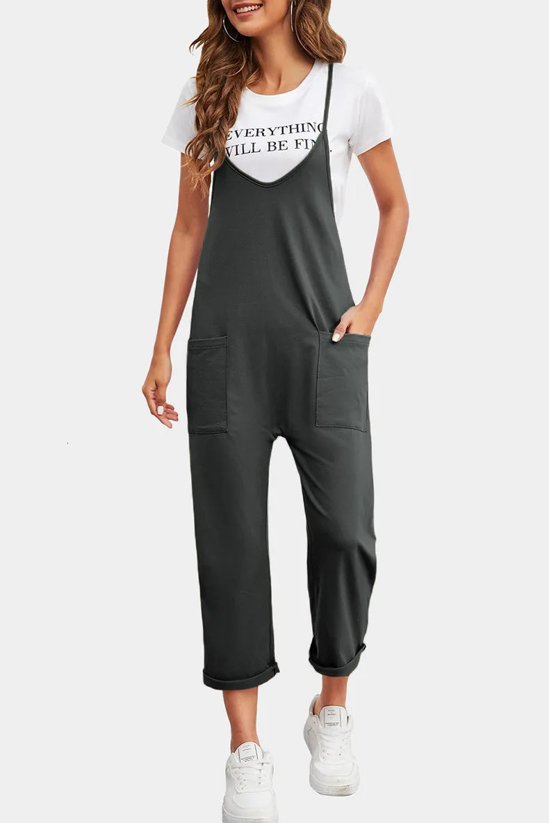 2024 Spring Womens Casual Pocket Pants Solid Loose Strap Straight Jumpsuit 241007
