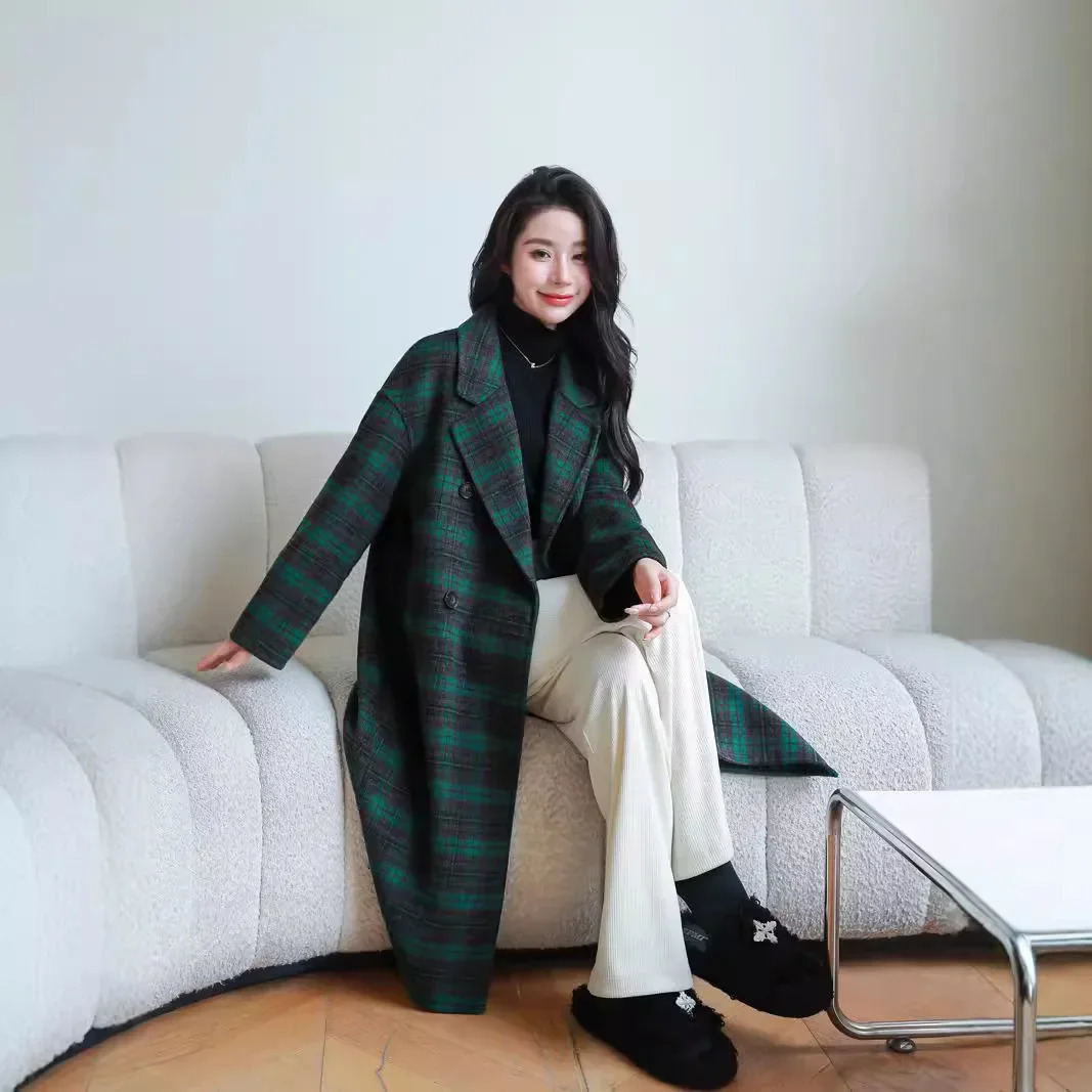 Green plain double-sided wool coat for women autumn and winter mid length knee simple plain wool coat free delivery 241019